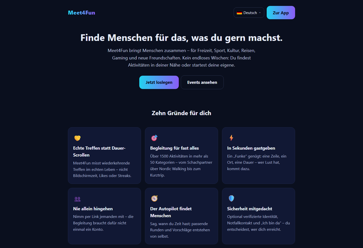 Meet4Fun – Startseite der Aktivitäten-Plattform